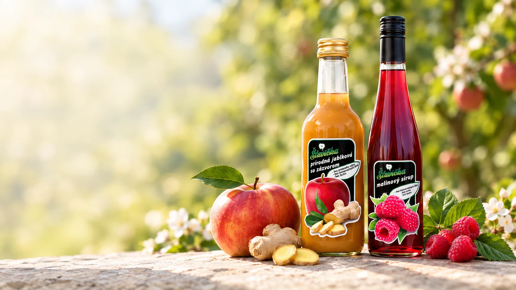 Fľaše Šťavička v sade – jablková šťava so zázvorom a malinový sirup Fľaše Šťavička v sade – jablková šťava so zázvorom a malinový sirup