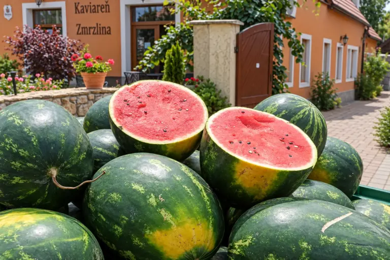 Čerstvé melóny, dva rozkrojené, pred predajňou a kaviarňou Šťavička vo Voderadoch