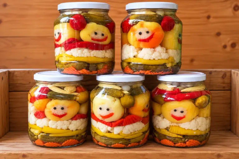 Poháre s nakladanou zeleninou – paprika, karfiol, uhorky a mrkva – na drevenej polici